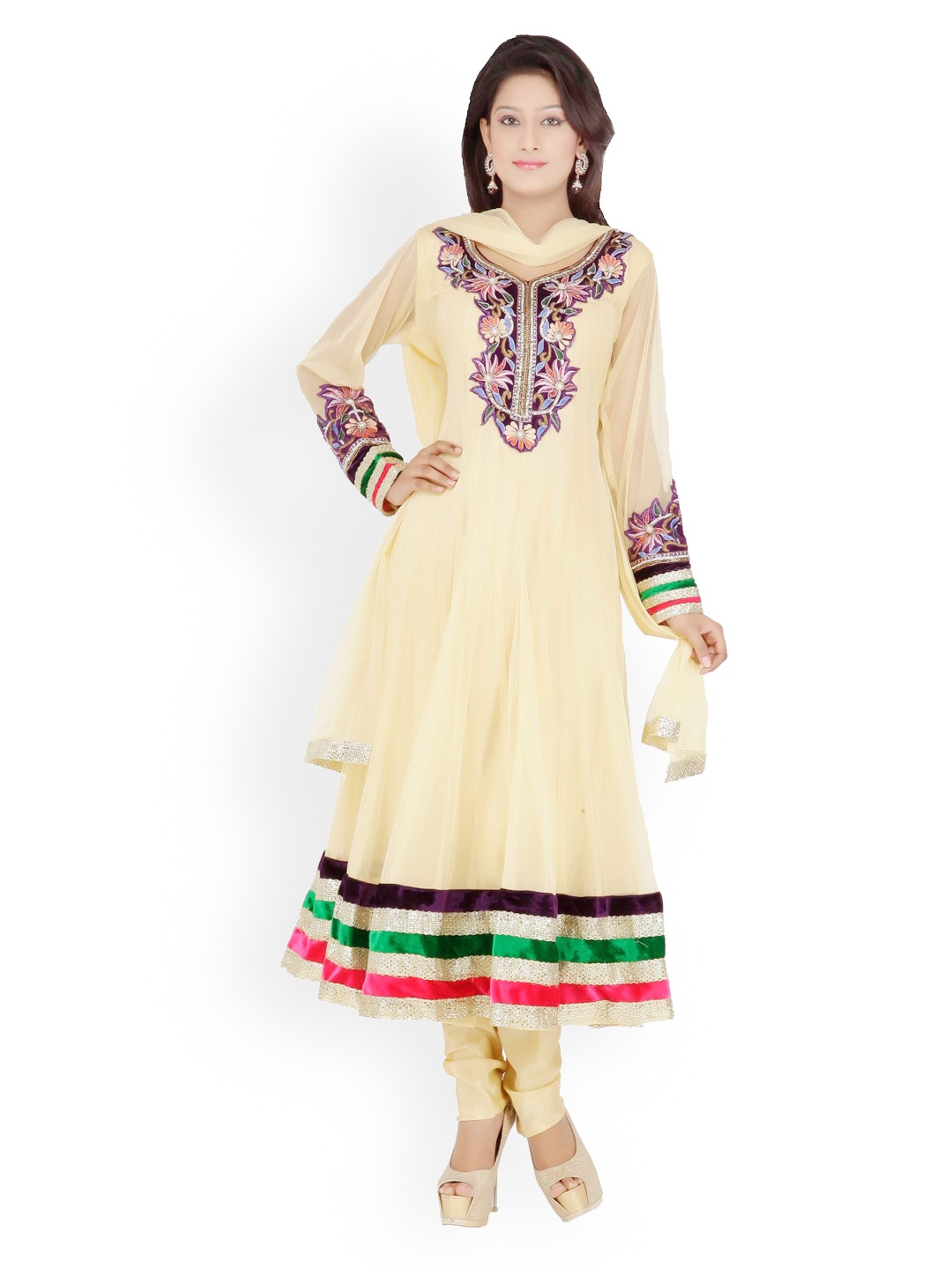 

Chhabra 555 Women Beige Embroidered Anarkali Churidar Kurta with Dupatta