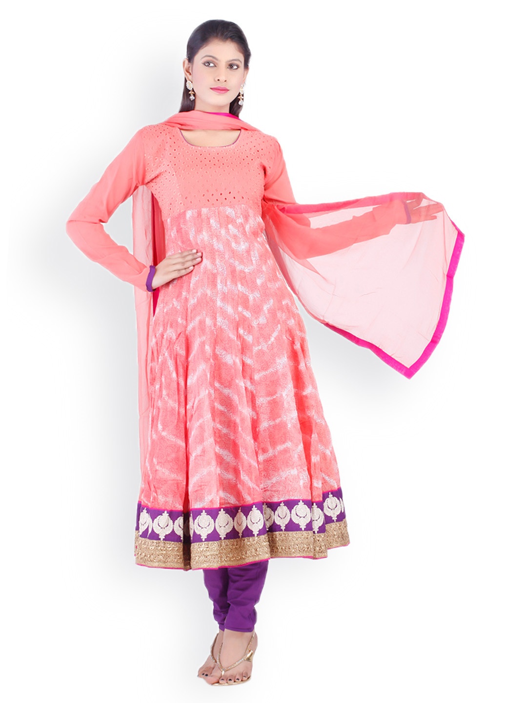 

Chhabra 555 Women Pink & Purple Cotton Anarkali Churidar Kurta with Dupatta