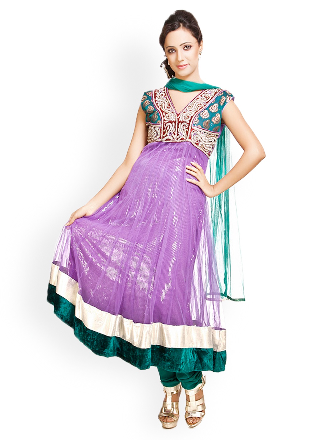 

Chhabra 555 Women Lavender & Green Embroidered Anarkali Churidar Kurta with Dupatta