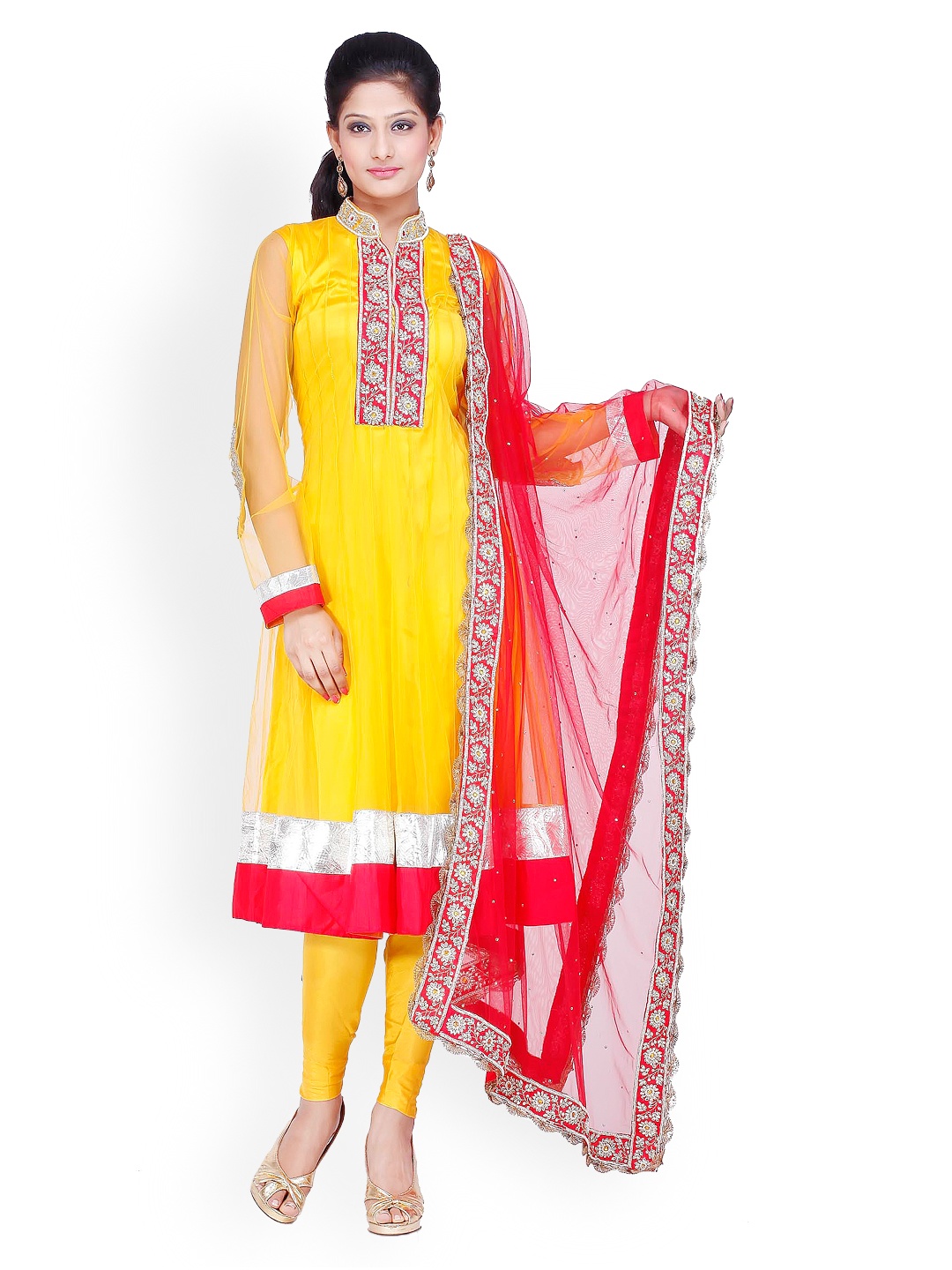 

Chhabra 555 Women Yellow Embroidered Churidar Kurta with Dupatta