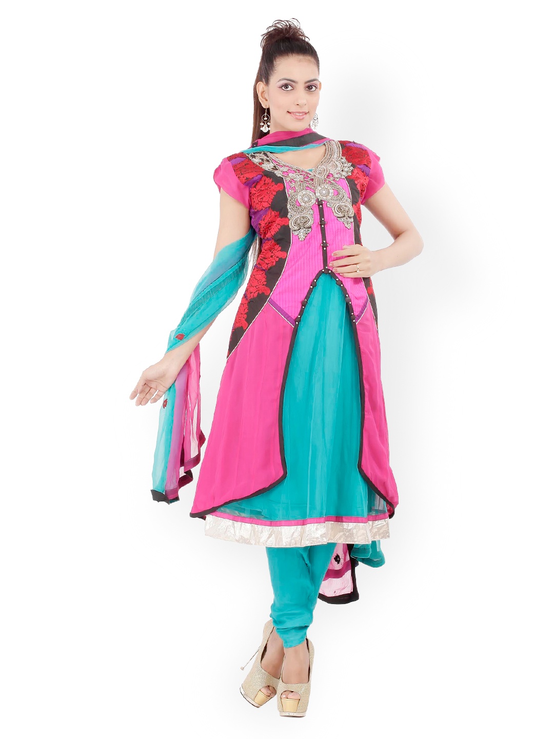 

Chhabra 555 Blue & Pink Embroidered Net Churidar Kurta with Dupatta