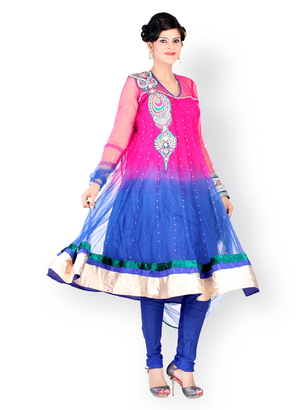

Chhabra 555 Women Pink & Blue Embroidered Anarkali Churidar Kurta