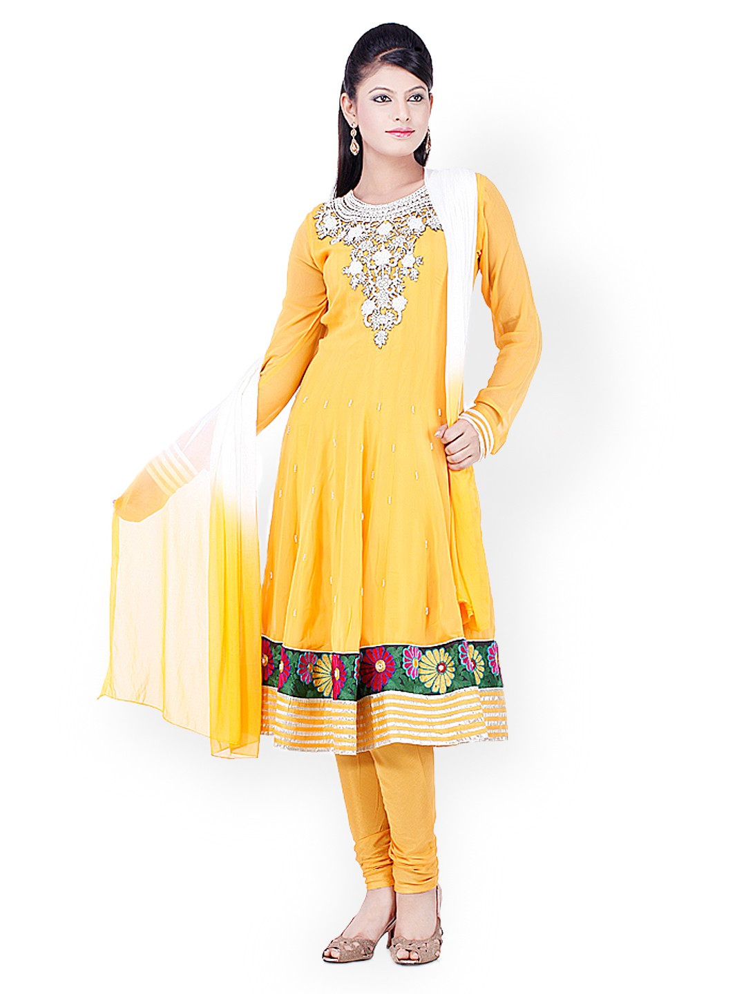 

Chhabra 555 Women Yellow Embroidered Anarkali Churidar Kurta with Dupatta