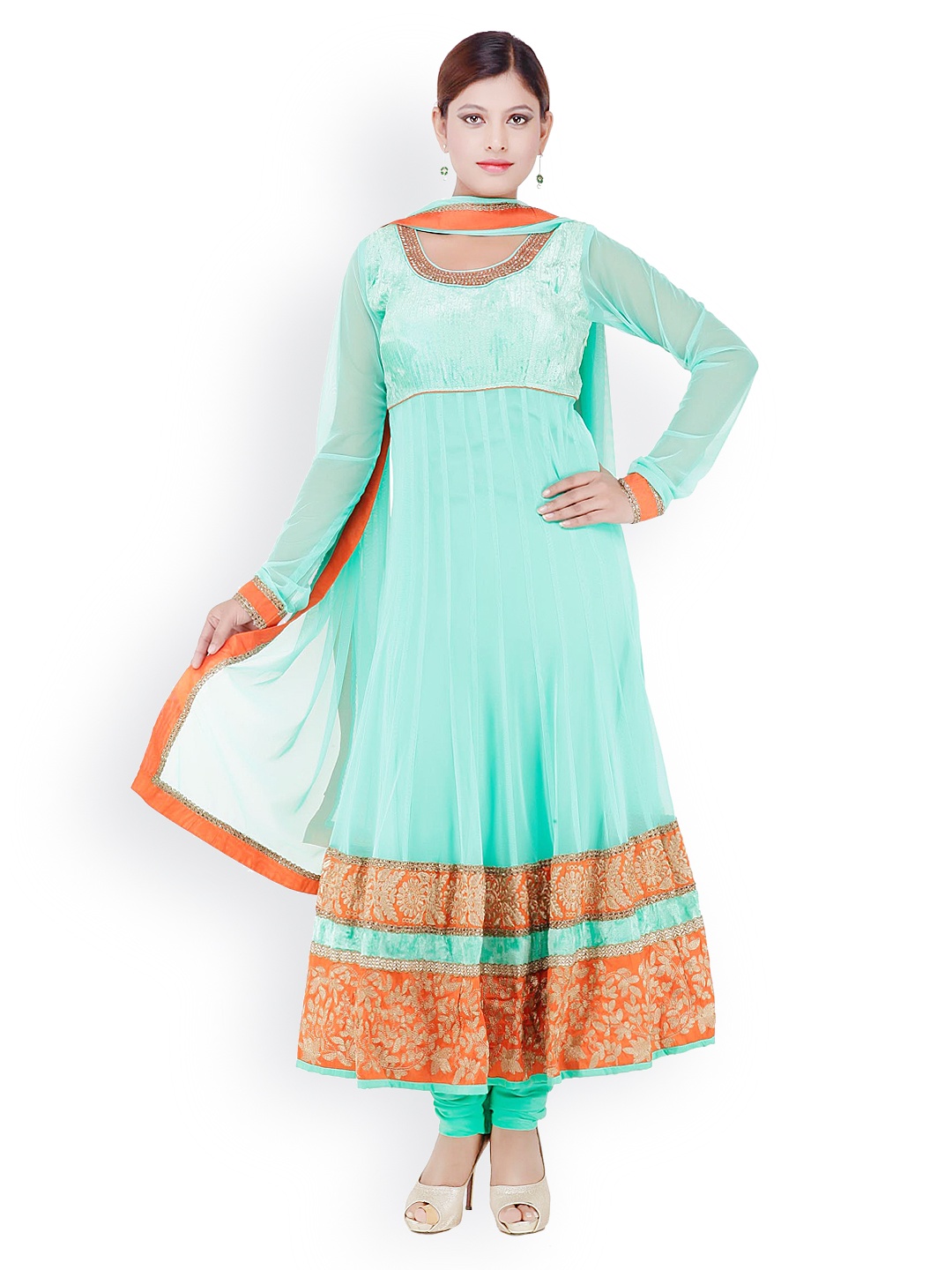 

Chhabra 555 Women Green Embroidered Net Anarkali Churidar Kurta with Dupatta