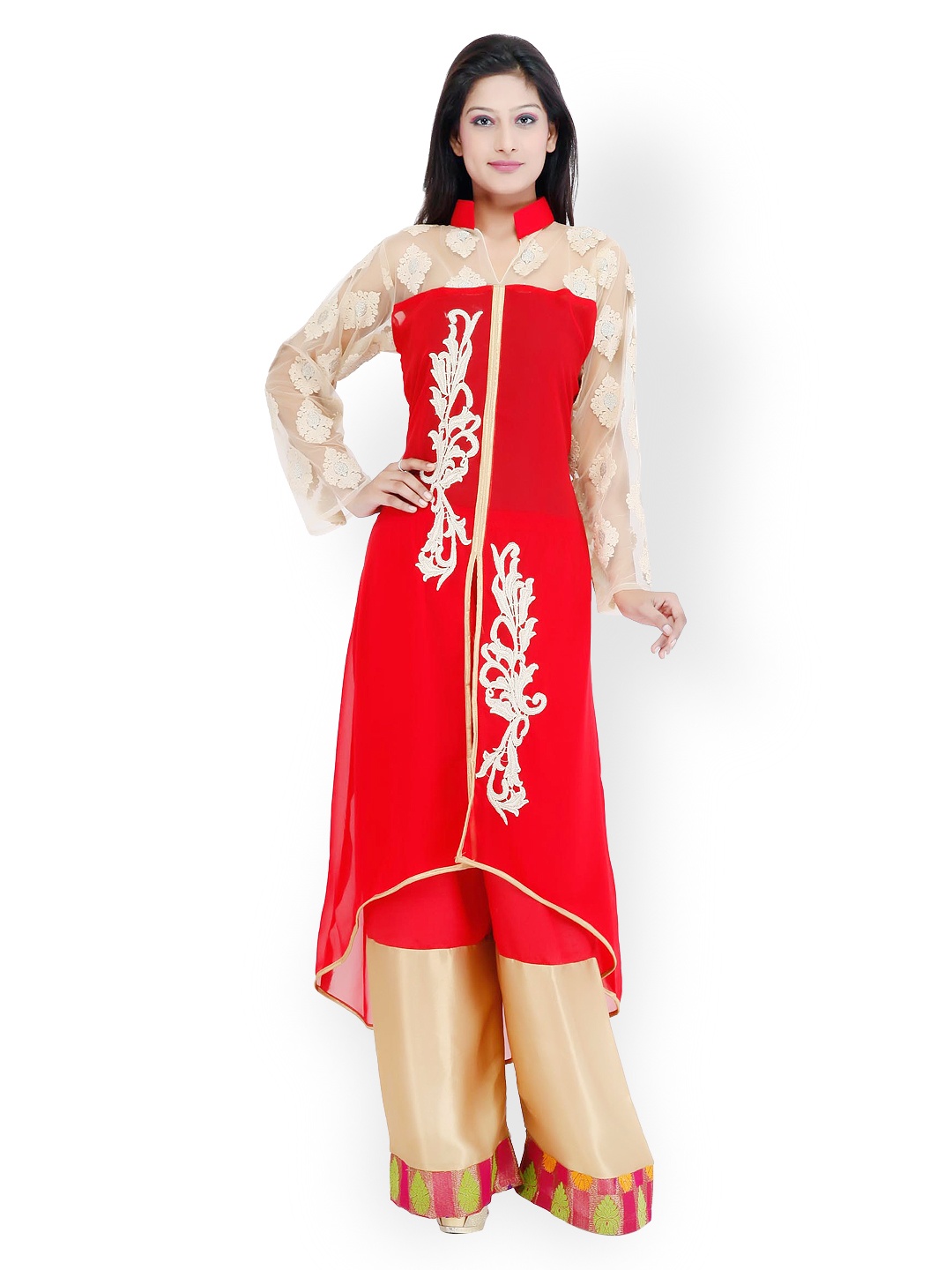

Chhabra 555 Women Red Embroidered Kurta with Trousers