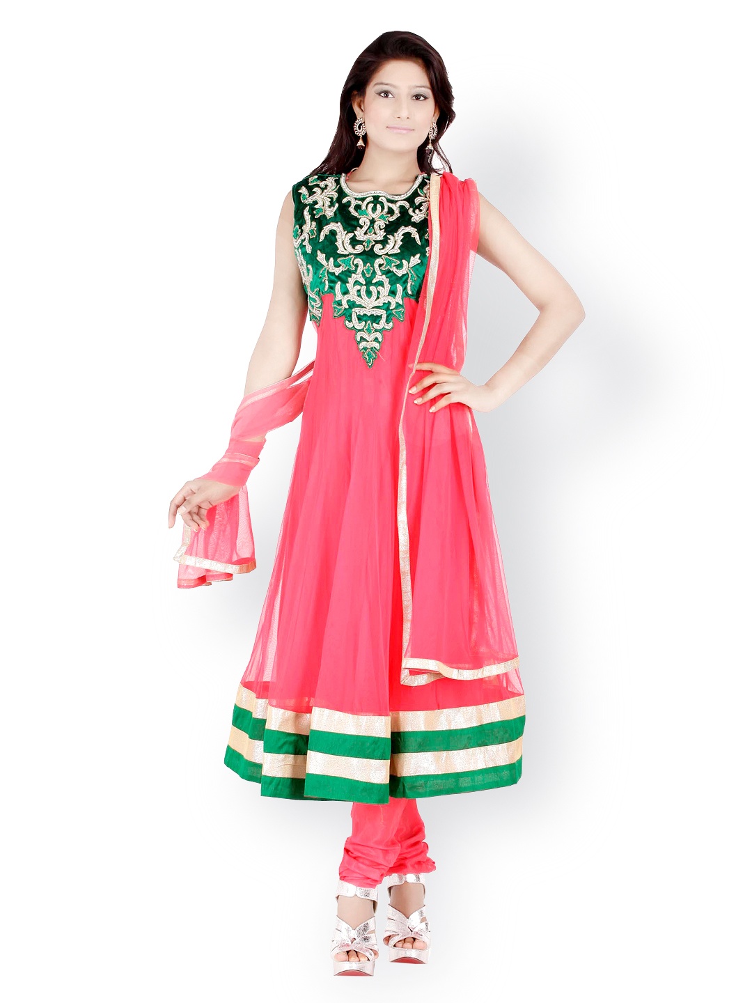 

Chhabra 555 Women Pink Embroidered Anarkali Churidar Kurta with Dupatta
