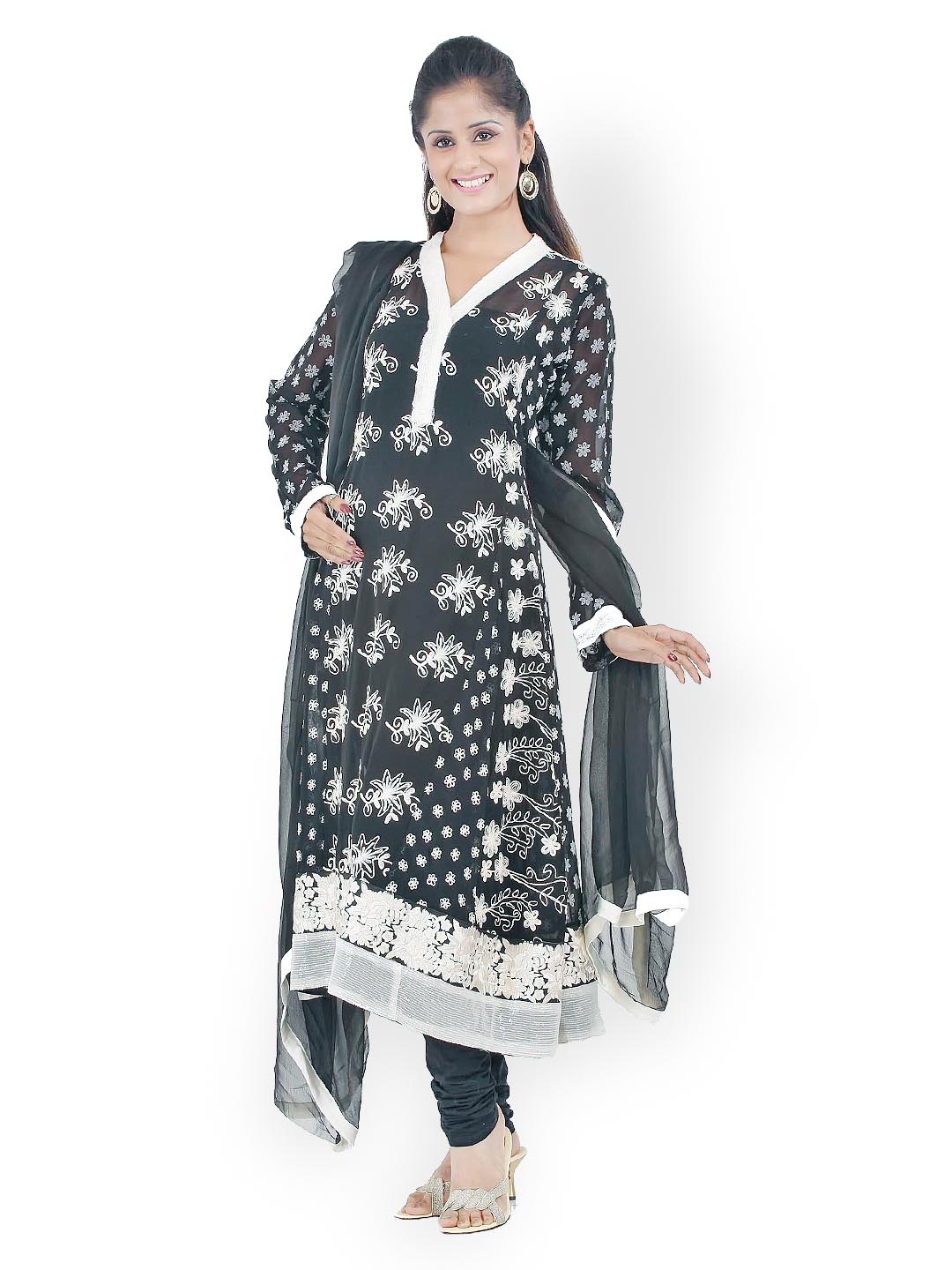 

Chhabra 555 Women Black Embroidered Georgette Anarkali Churidar Kurta with Dupatta