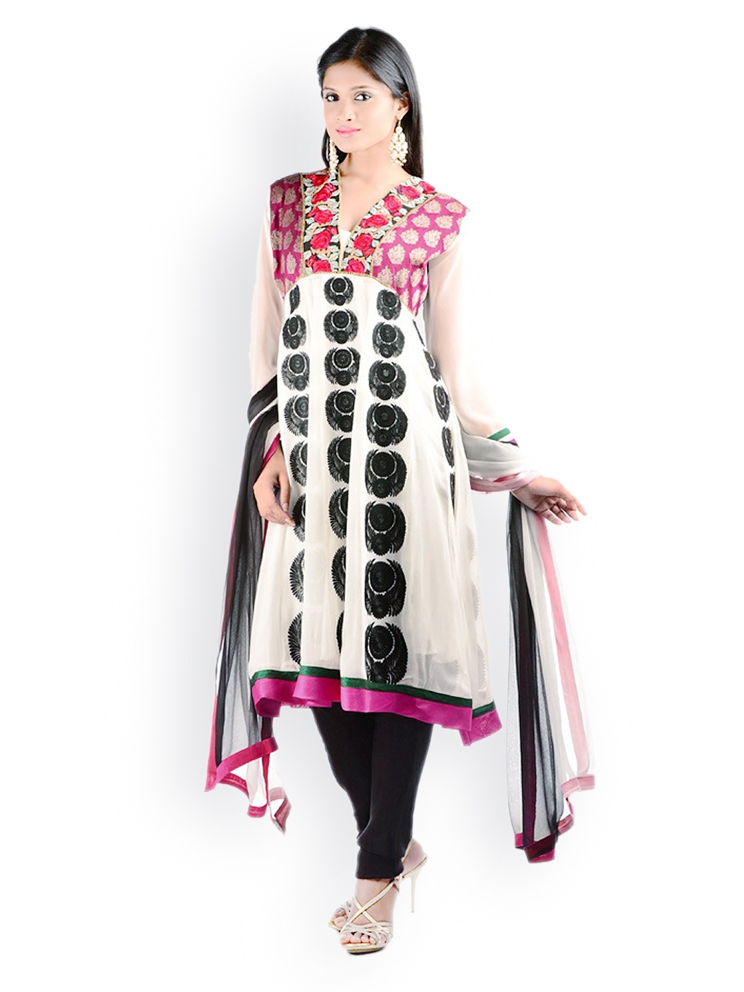 

Chhabra 555 White Art Georgette Embroidered Anarkali Churidhar Kurta with Dupatta