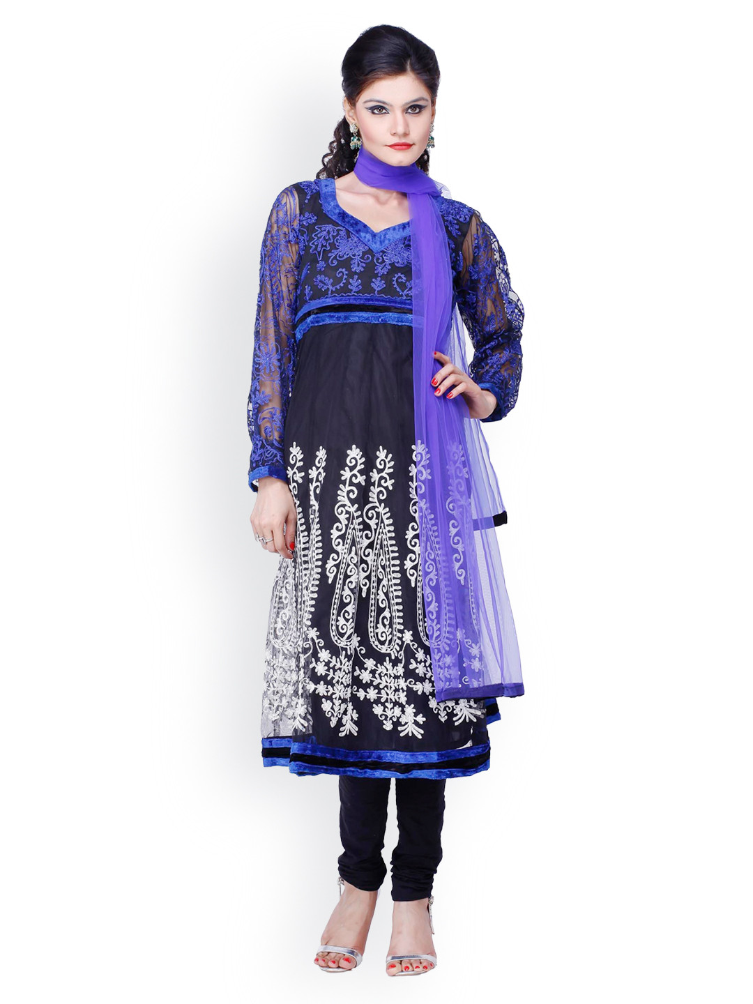 

Chhabra 555 Women Black Embroidered Net Anarkali Churidar Kurta with Dupatta
