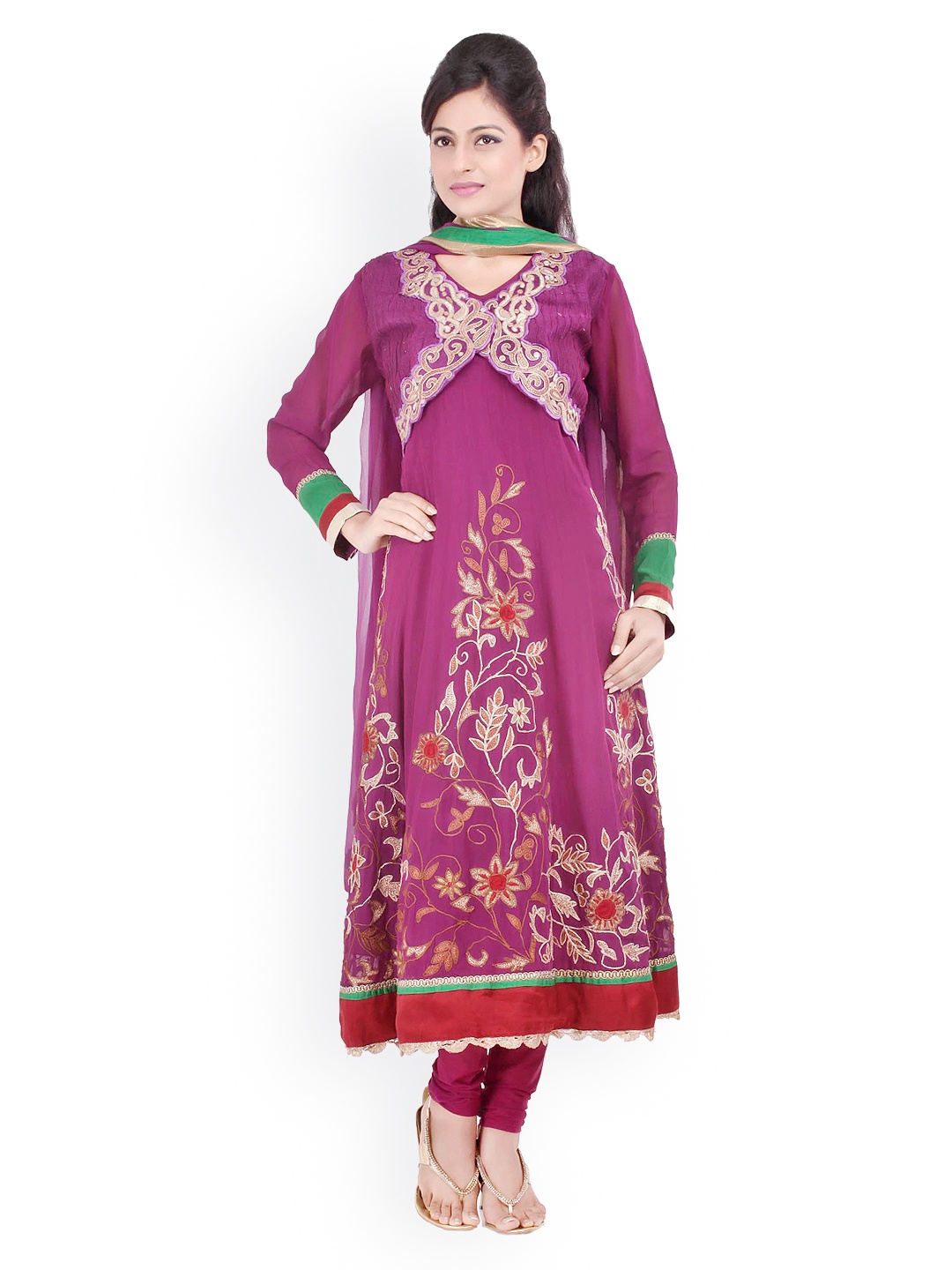 

Chhabra 555 Women Purple Embroidered Georgette Churidar Kurta with Dupatta