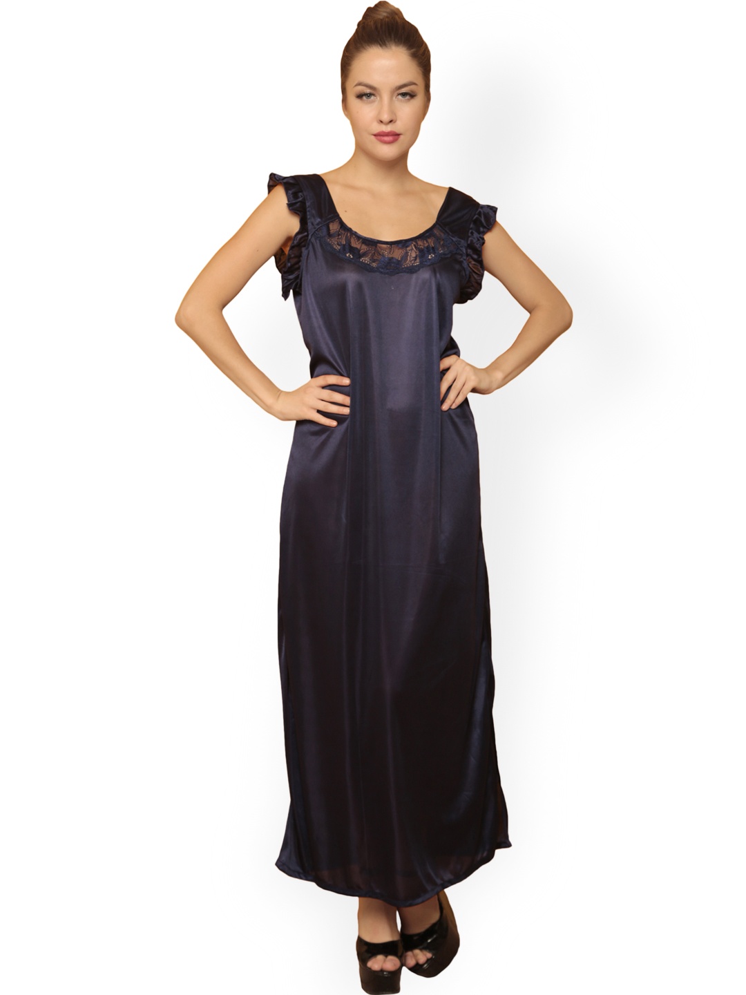 

Clovia Navy Maxi Nightdress with Robe NSM282P08O, Navy blue