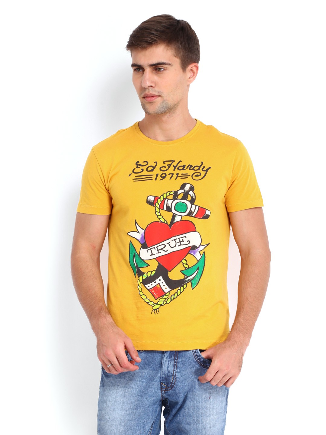 

Ed Hardy Men Mustard Yellow Printed Pure Cotton T-shirt