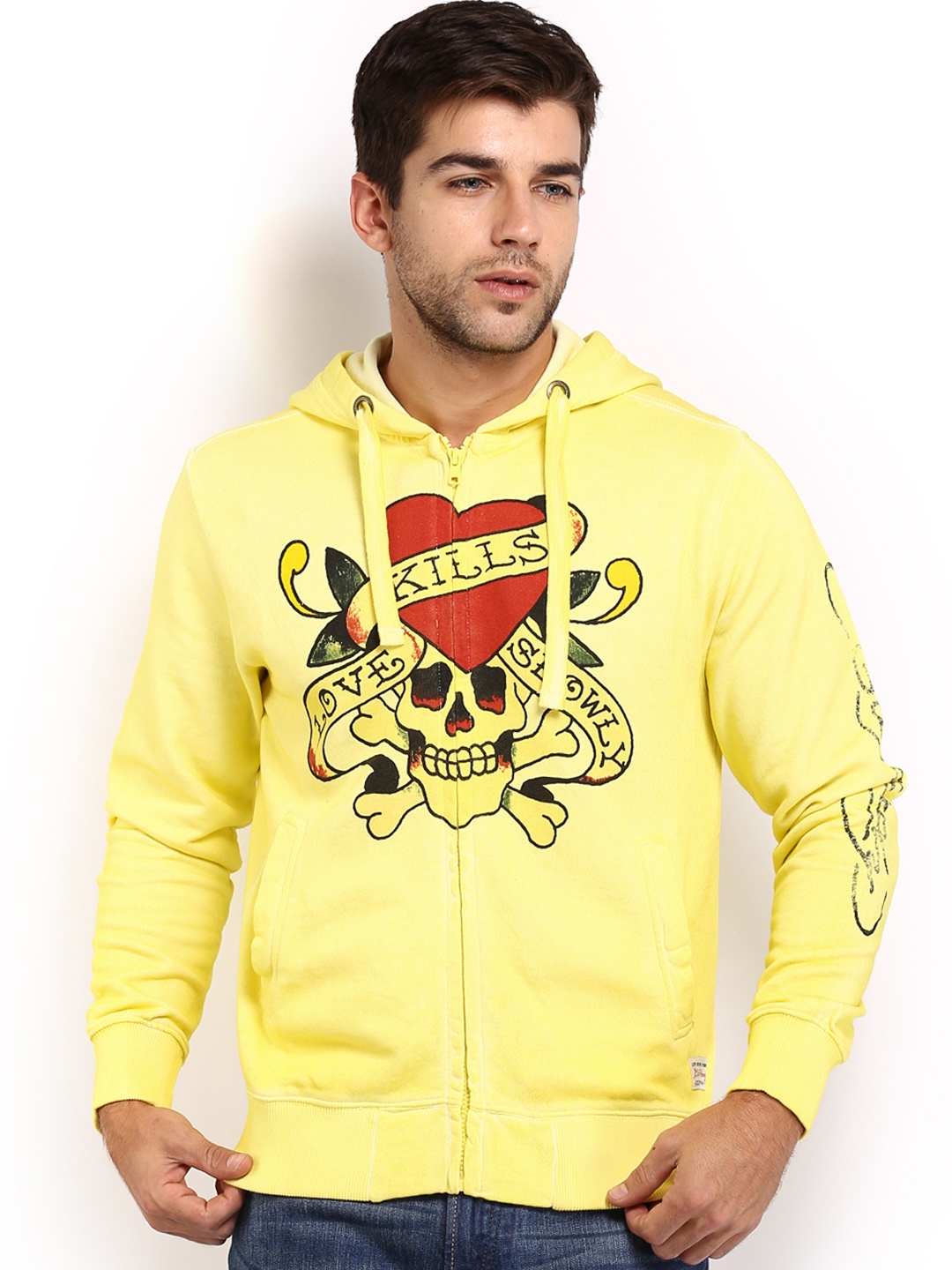 

Ed Hardy Men Yellow Hooded Printed Sweatshirt