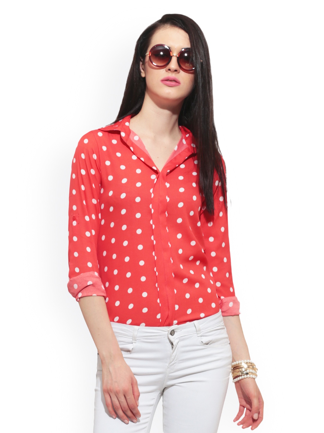 

FabAlley Women Coral Red Polka Dot Print Top