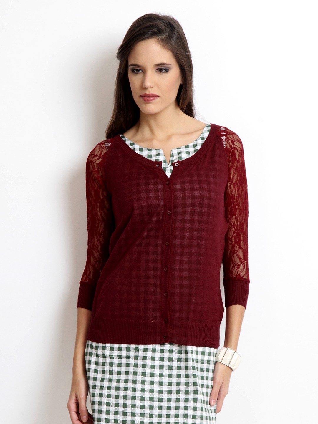 

Flying Machine Women Maroon Lace Detailed Cardigan