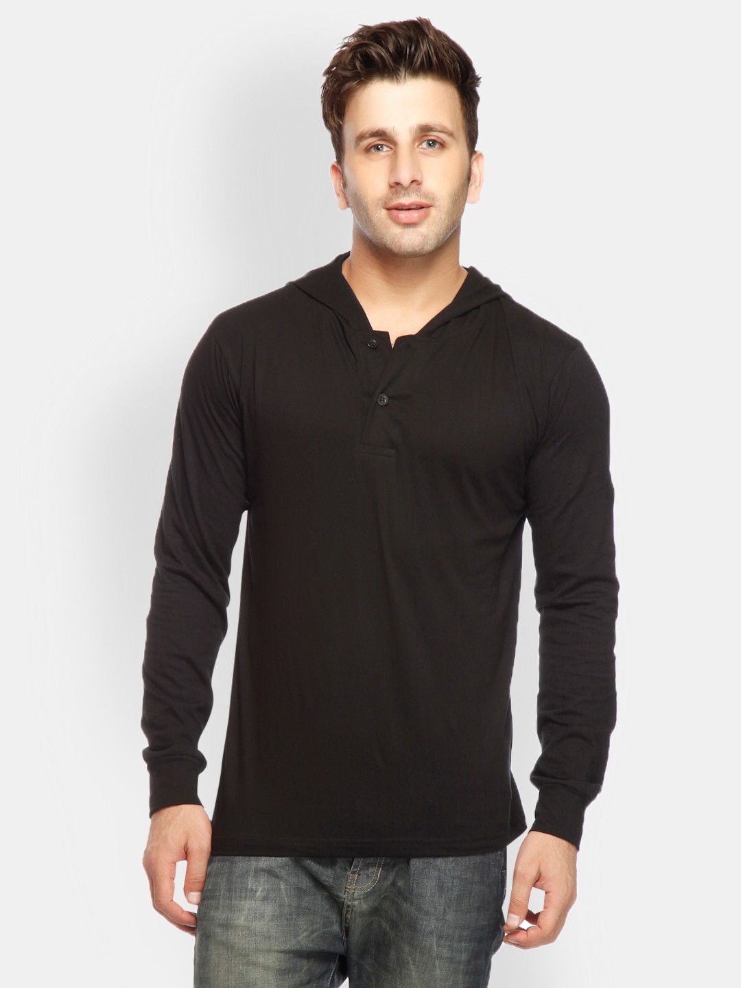 

Gritstones Men Black Hooded Pure Cotton T-shirt