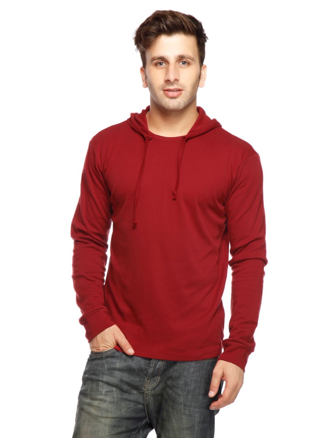 

Gritstones Men Maroon Hooded Pure Cotton T-shirt, Red