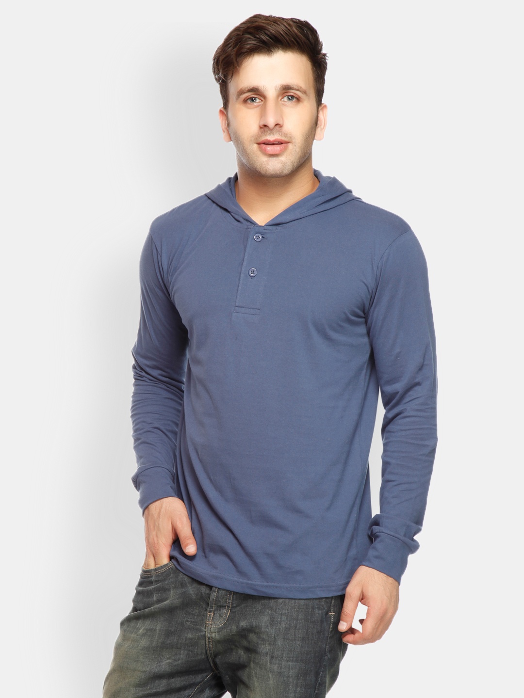 

Gritstones Men Blue Hooded Pure Cotton T-shirt