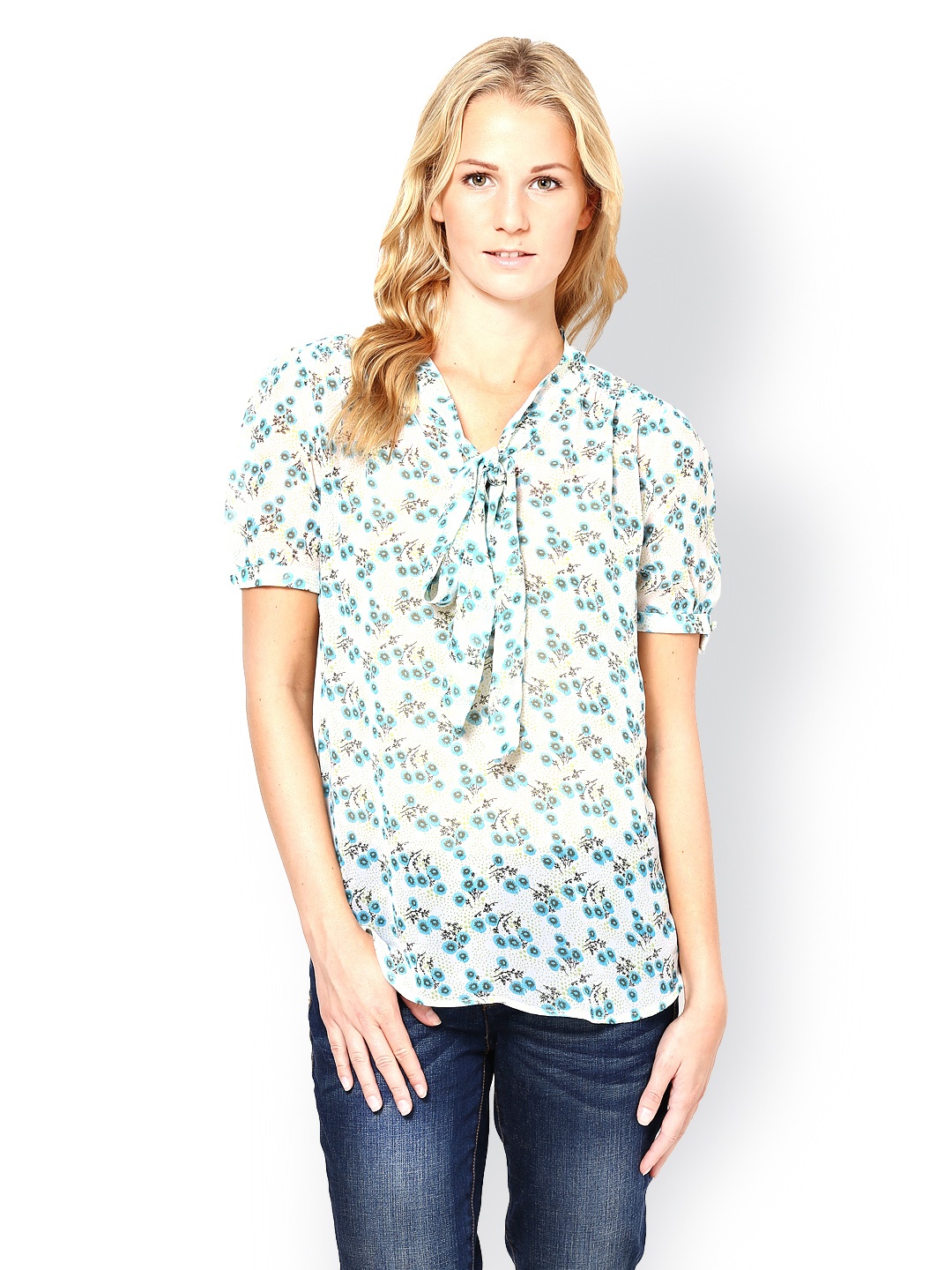 

Harpa Women White & Turquoise Blue Printed Top