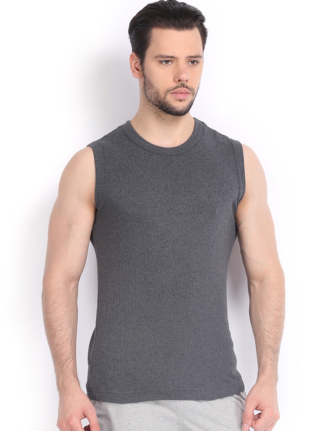 

Jockey Men Charcoal Grey Solid Regular Fit Round Neck Muscle Pure Cotton T-shirt
