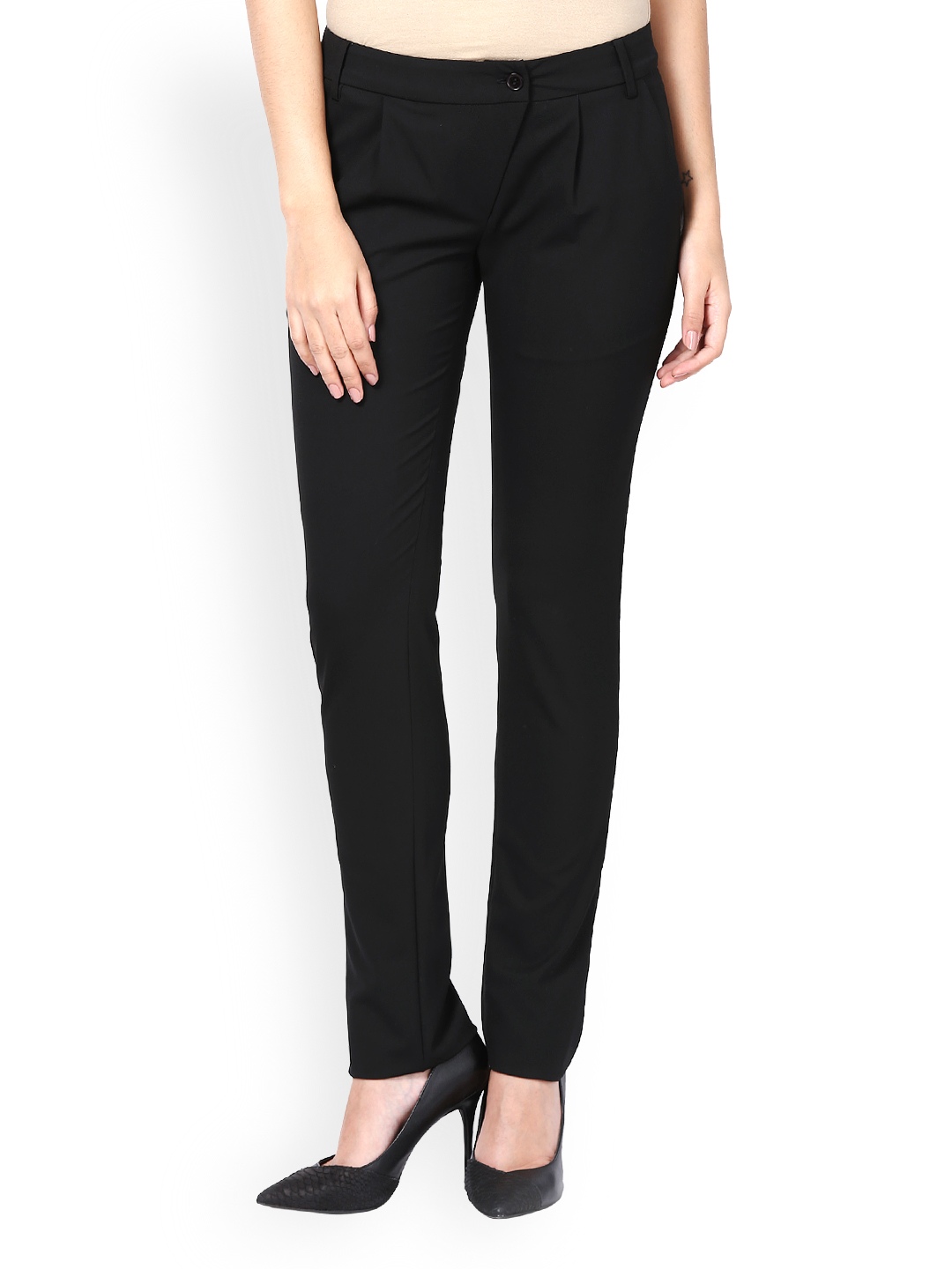 Myntra Kaaryah Women Black Tapered Fit Formal Trousers 591366 | Buy ...