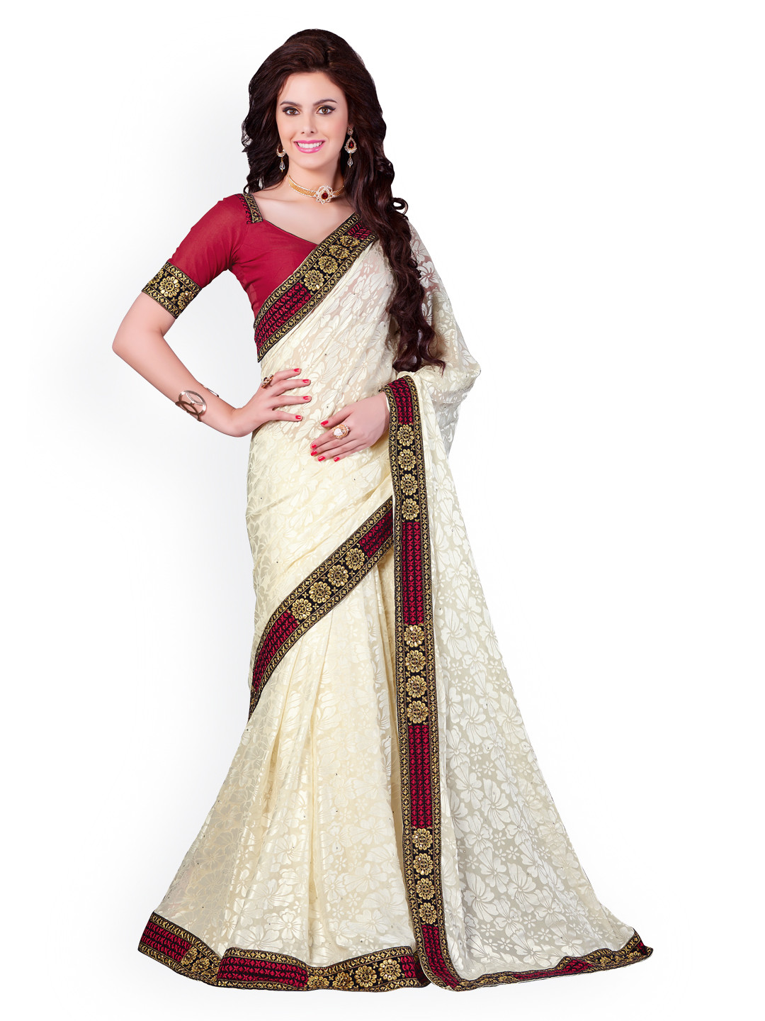 

Kalista Cream-Coloured Embroidered Cotton Dupion & Brasso Partywear Saree
