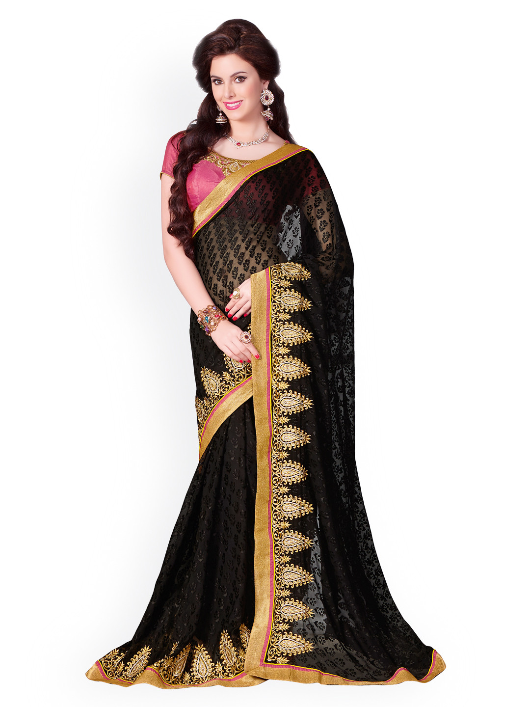 

Kalista Black Embroidered Cotton Dupion & Brasso Partywear Saree