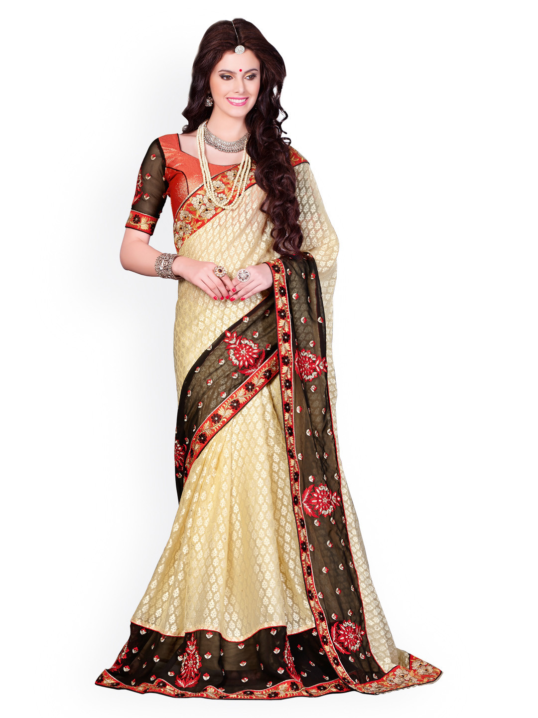 

Kalista Cream-Coloured Embroidered Cotton Dupion & Brasso Partywear Saree