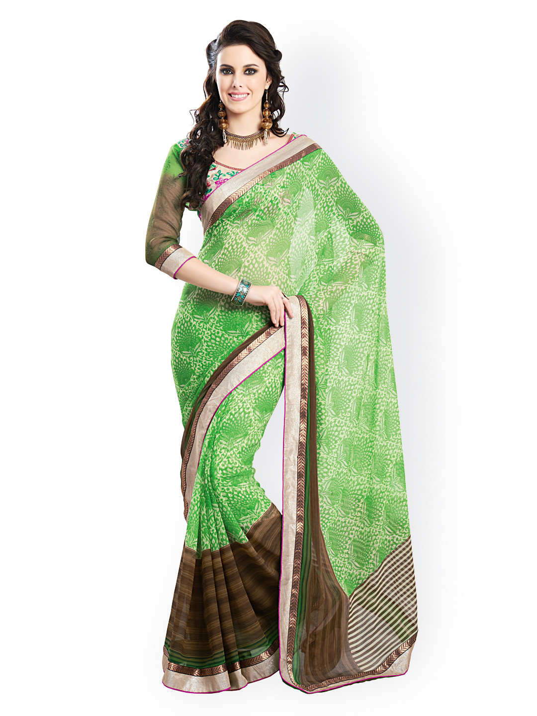 

Kalista Green & Brown Printed Georgette Fashion Saree
