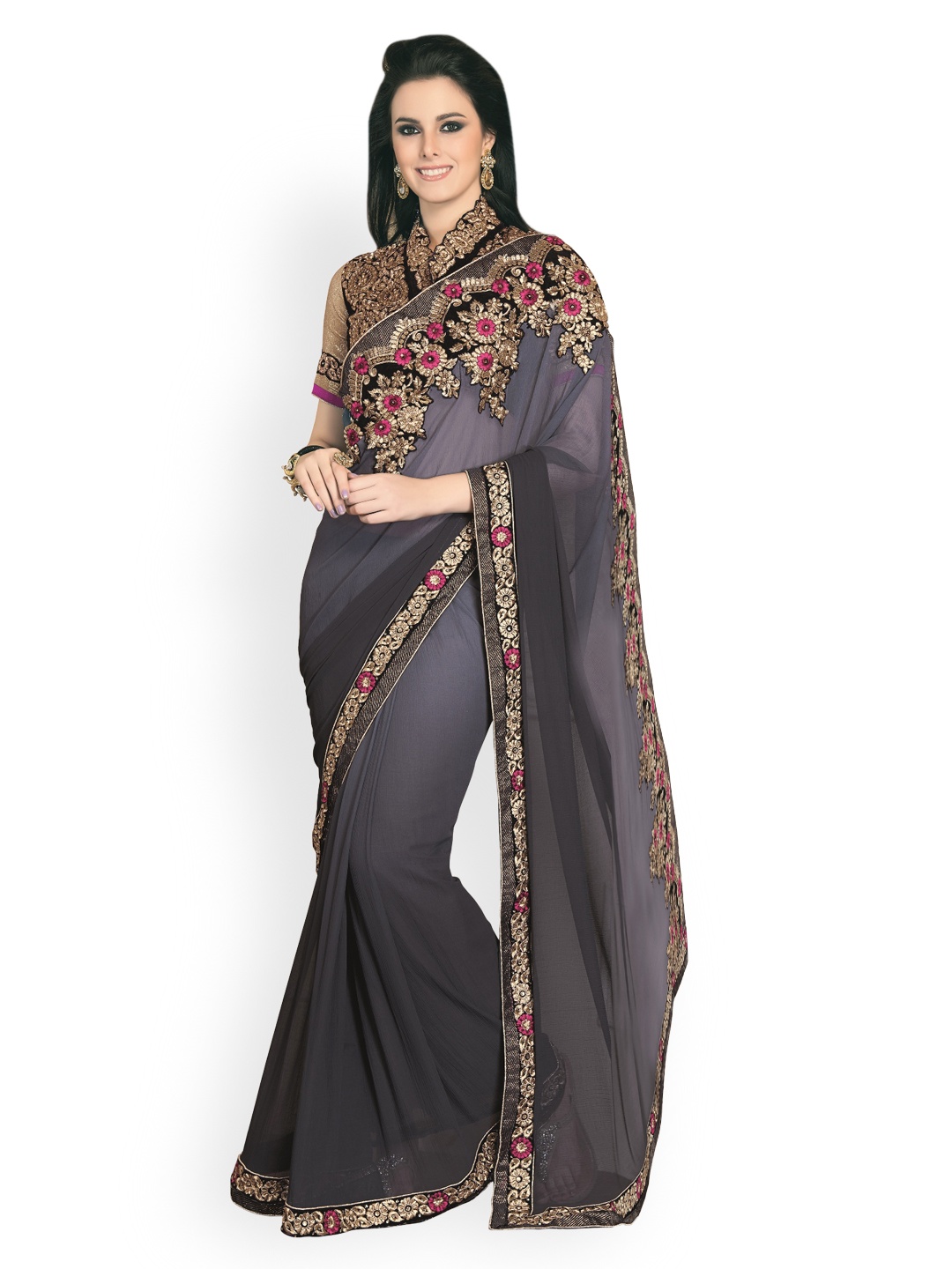 

Kalista Grey Embroidered Georgette Partywear Saree