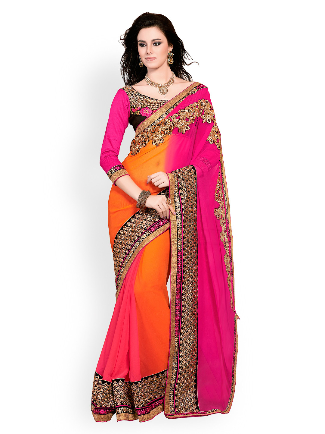 

Kalista Pink & Orange Embroidered Chiffon Partywear Saree