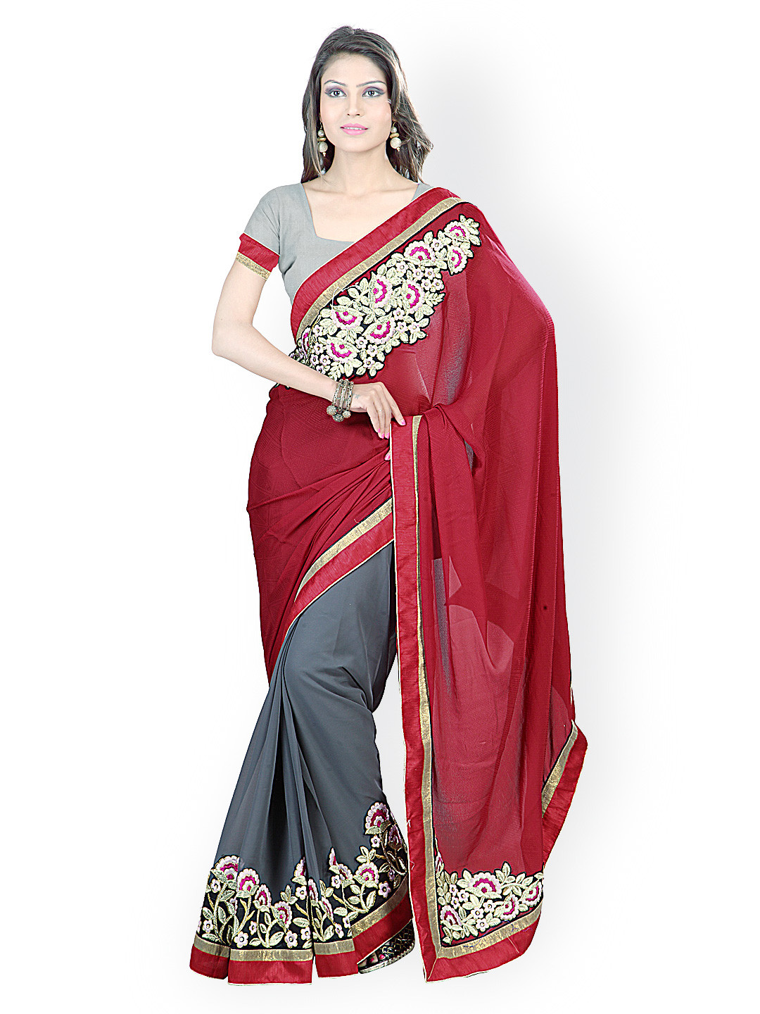 

Kalista Pink & Grey Embroidered Chiffon Fashion Saree