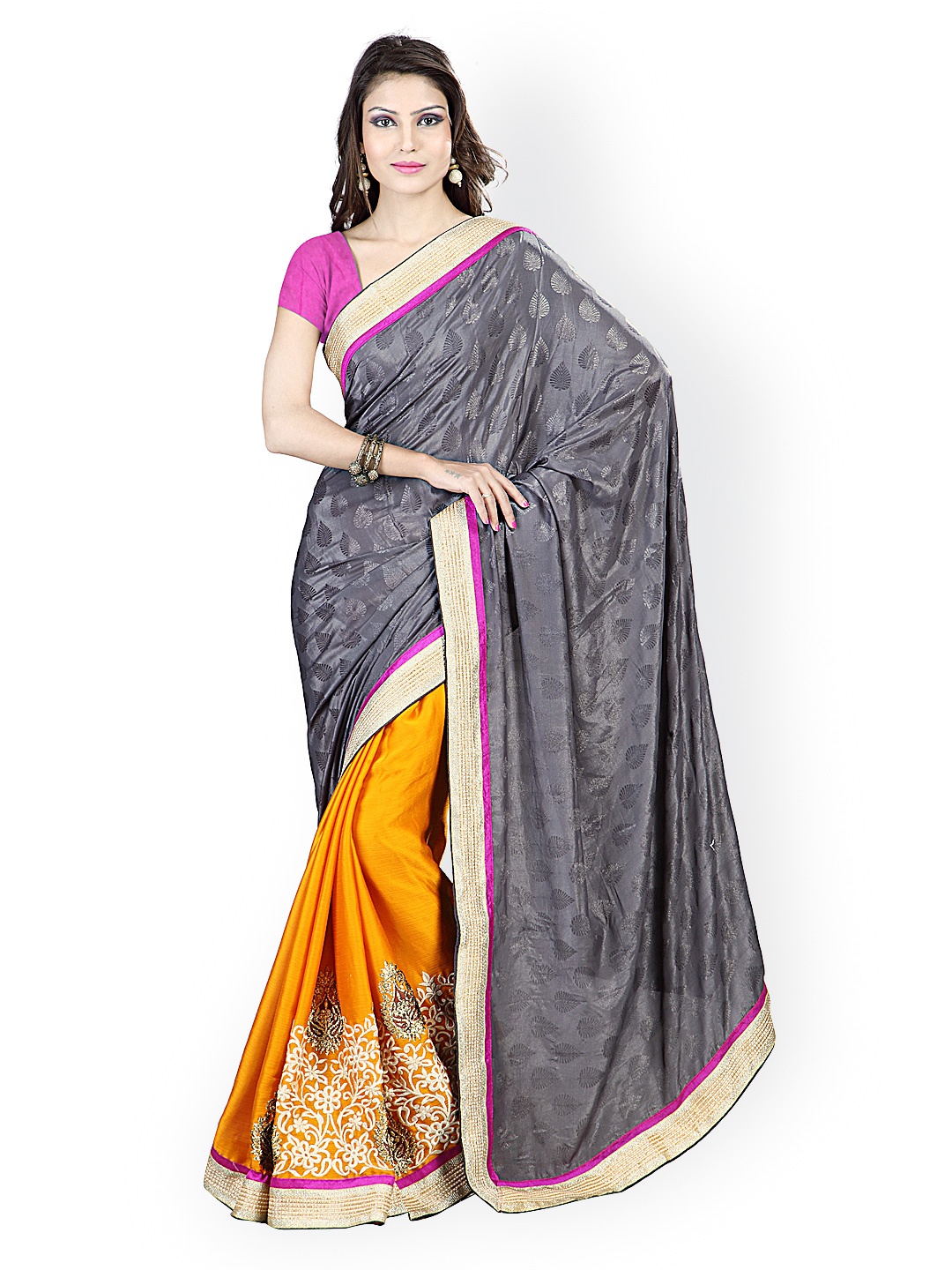 

Kalista Grey & Orange Embroidered Jacquard & Chiffon Fashion Saree