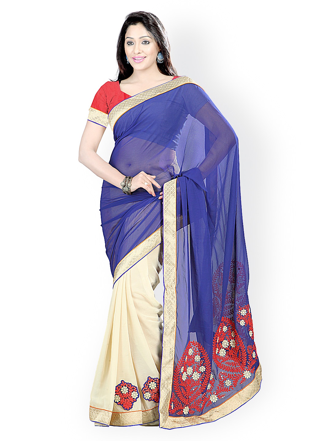 

Kalista Blue & Beige Embroidered Poly Georgette & Chiffon Fashion Saree