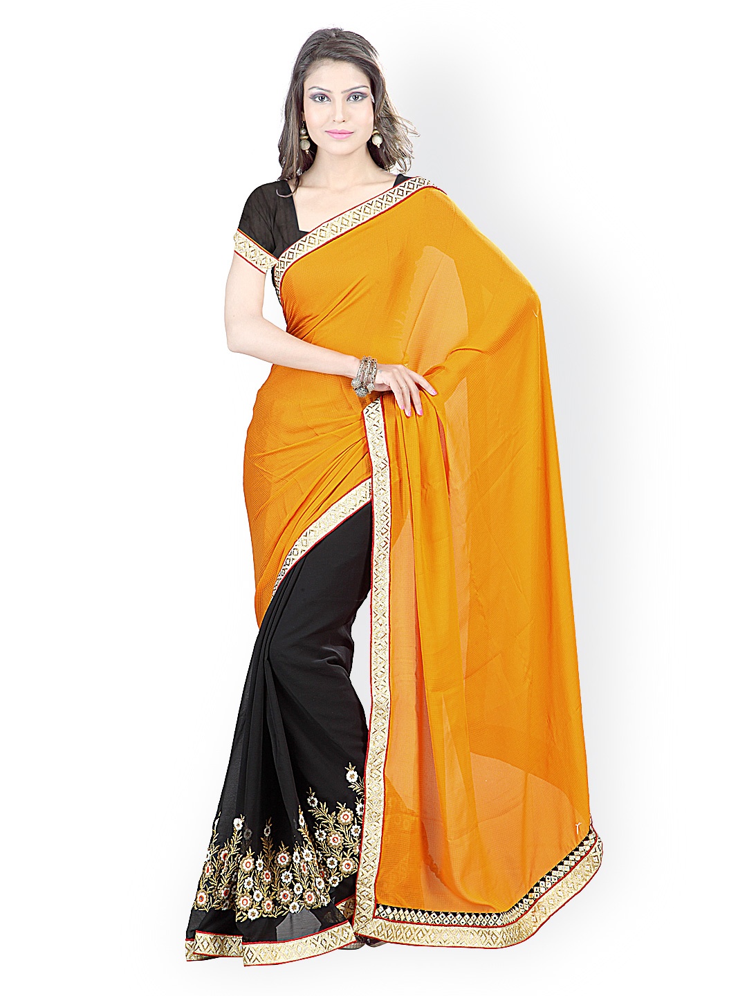 

Kalista Orange & Black Embroidered Chiffon Fashion Saree