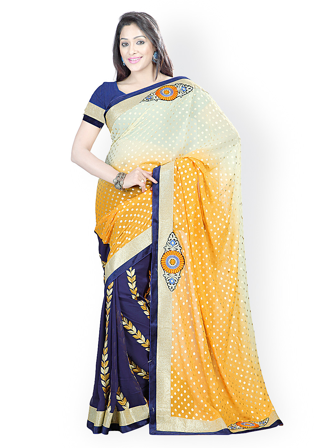 

Kalista Orange & Blue Embroidered Chiffon Fashion Saree