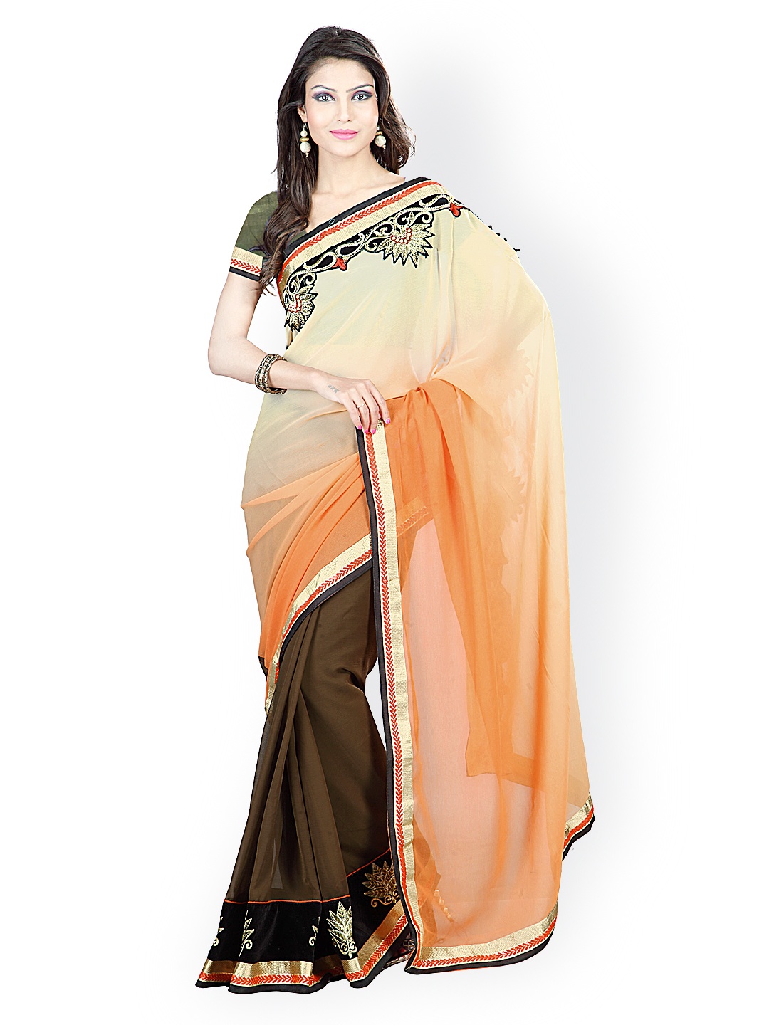

Kalista Orange & Brown Embroidered Poly Georgette & Chiffon Fashion Saree