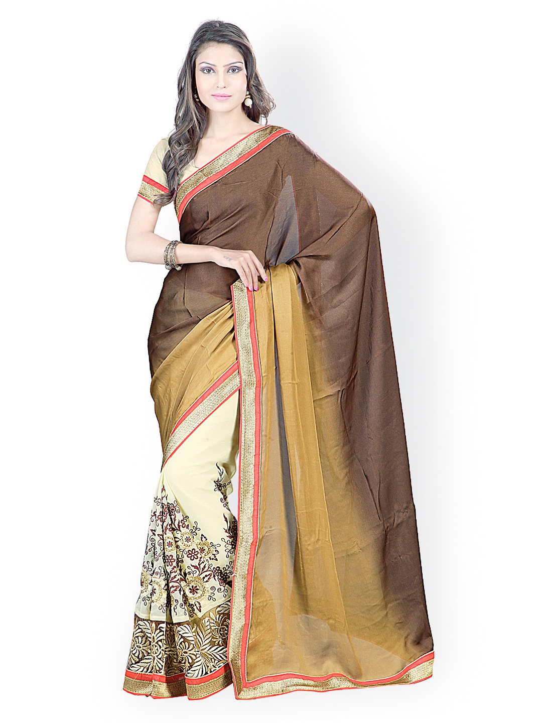 

Kalista Coffee Brown & Beige Embroidered Chiffon Fashion Saree