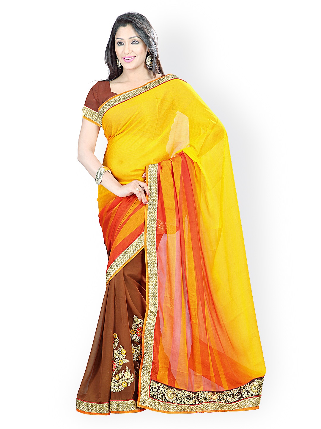 

Kalista Orange & Brown Embroidered Chiffon Fashion Saree