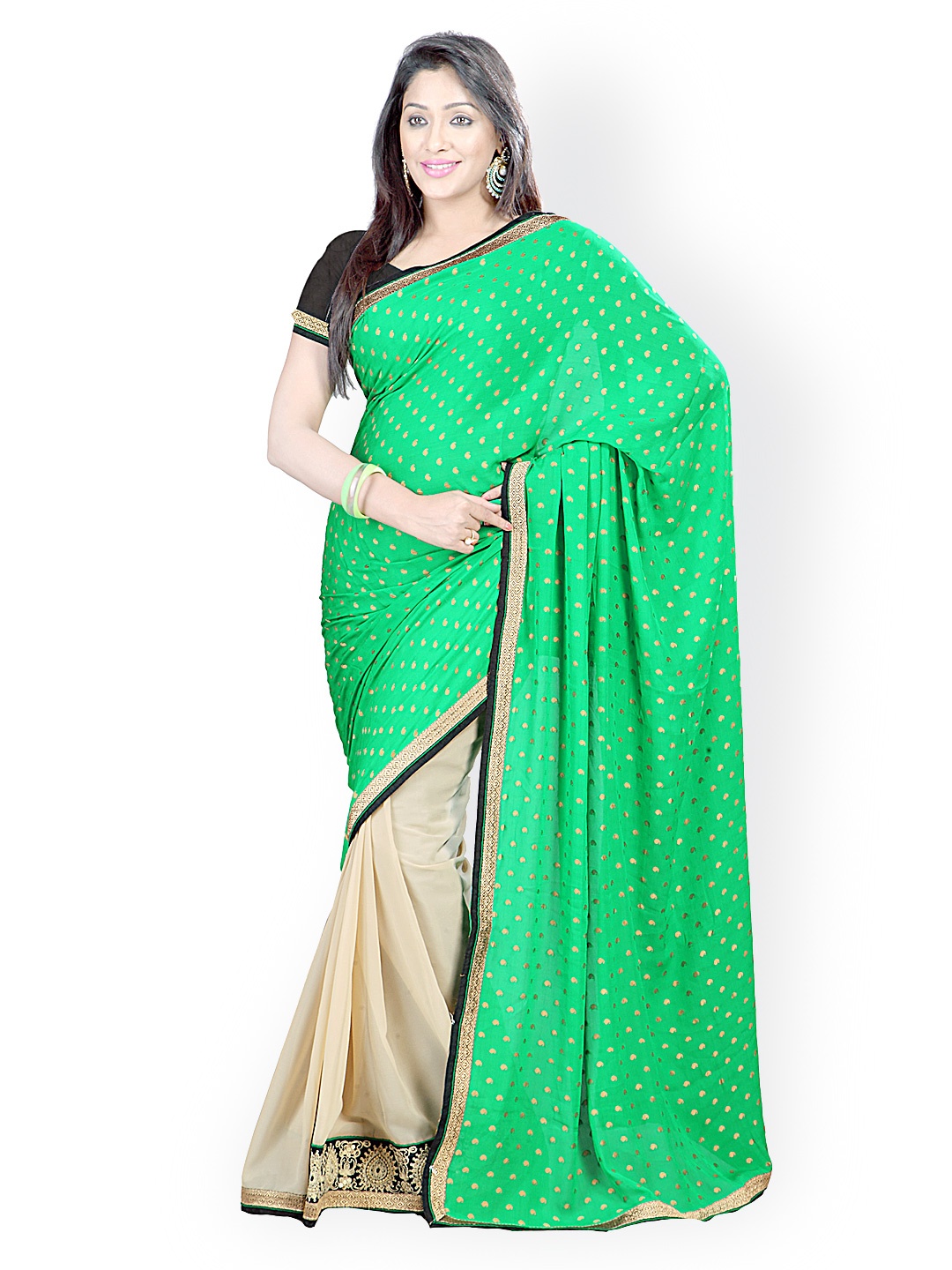 

Kalista Green & Beige Jacquard & Poly Georgette Fashion Saree