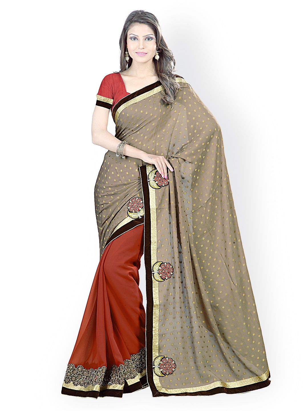 

Kalista Coffee Brown & Red Embroidered Chiffon Fashion Saree