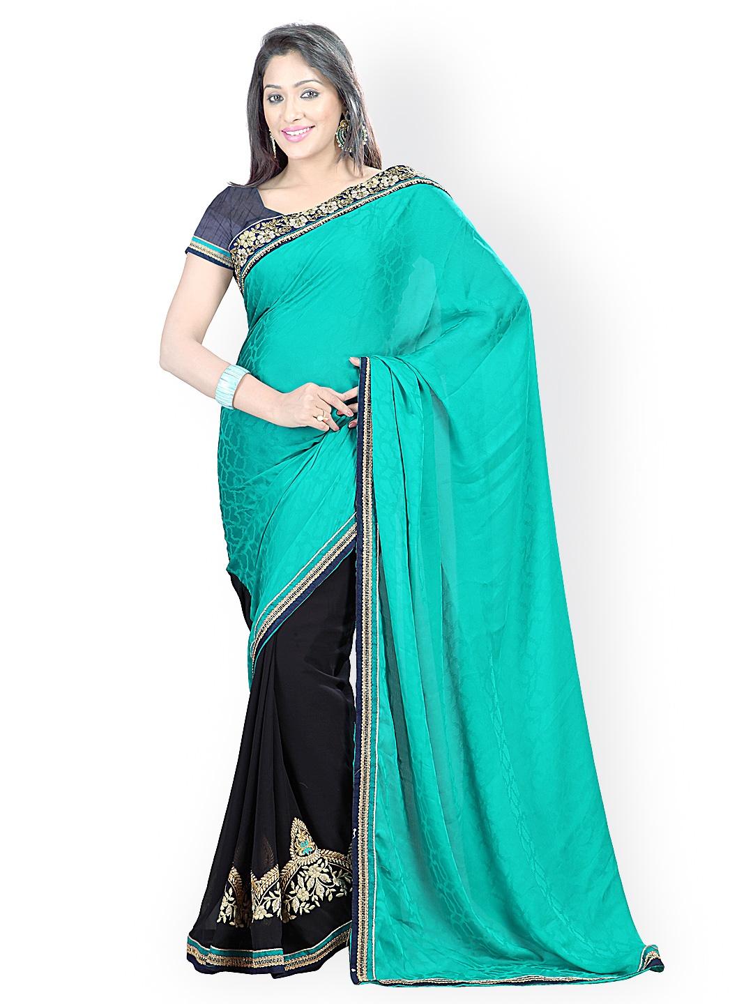 

Kalista Teal Blue & Black Embroidered Poly Georgette & Chiffon Fashion Saree