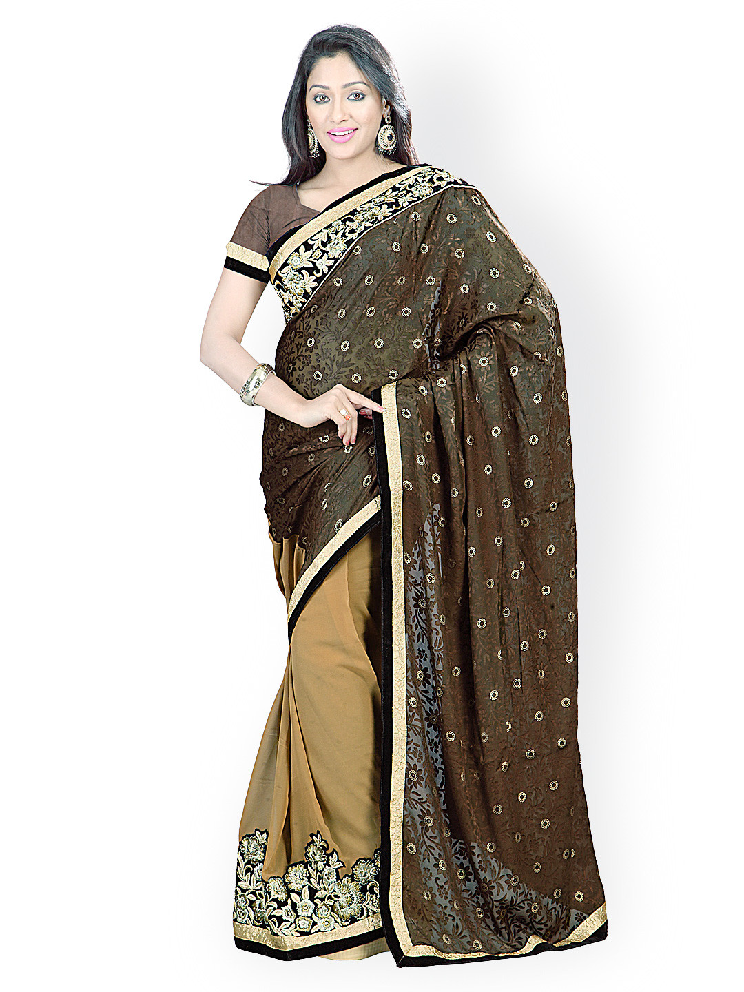 

Kalista Brown & Coffee Brown Embroidered Brasso & Chiffon Fashion Saree