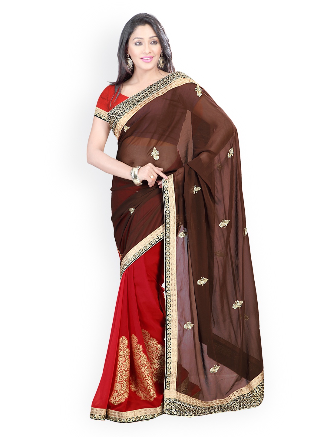 

Kalista Brown & Maroon Embroidered Chiffon & Jacquard Partywear Saree