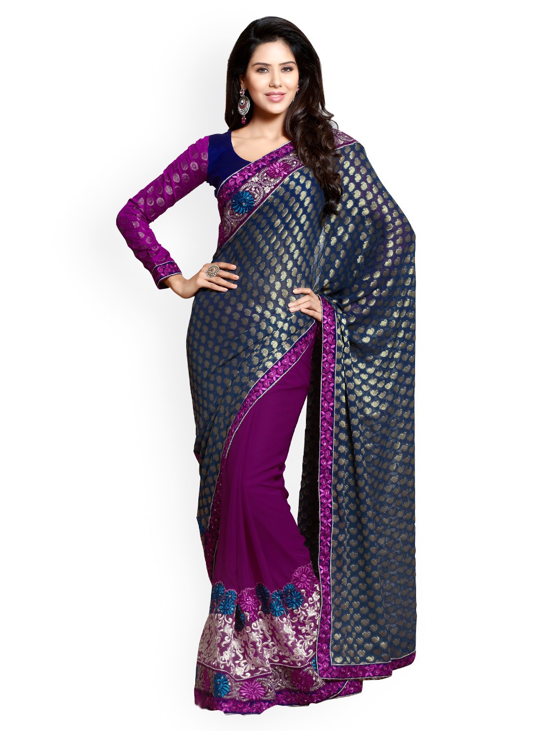 

Kalista Blue & Purple Embroidered Georgette & Viscose Partywear Saree