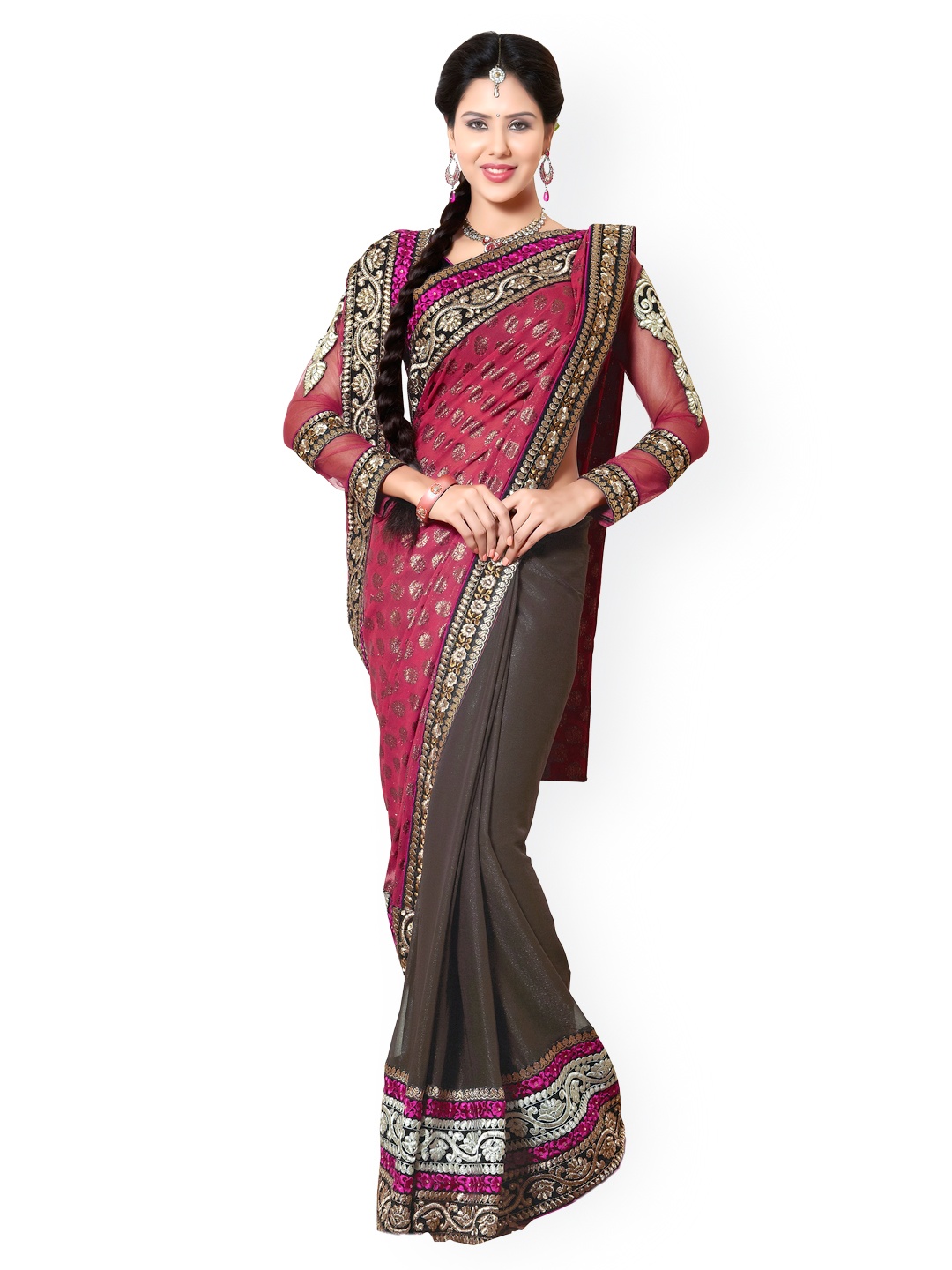

Kalista Pink & Grey Embroidered Chiffon & Brasso Partywear Saree