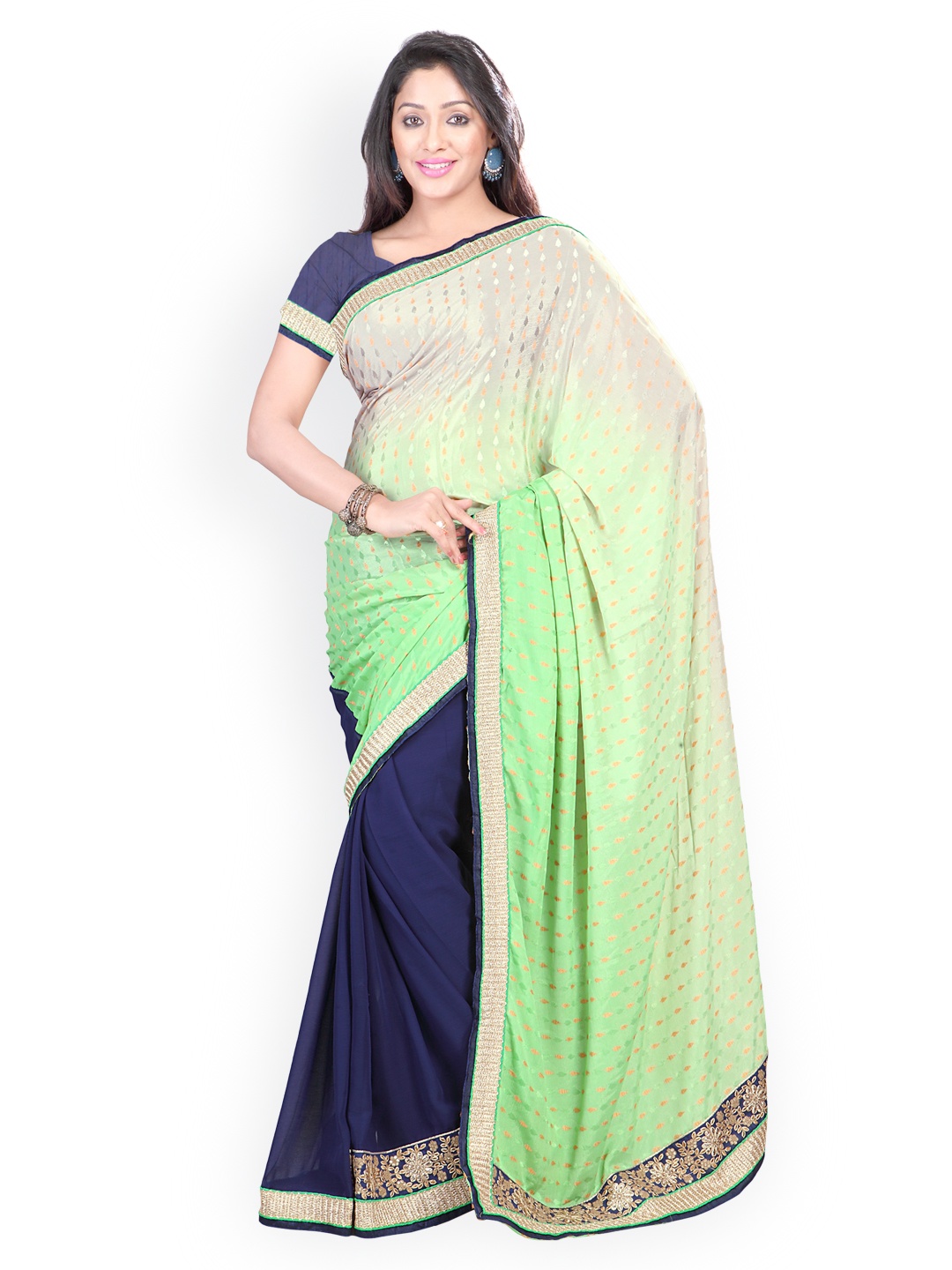 

Kalista Green & Blue Embroidered Chiffon & Jacquard Partywear Saree