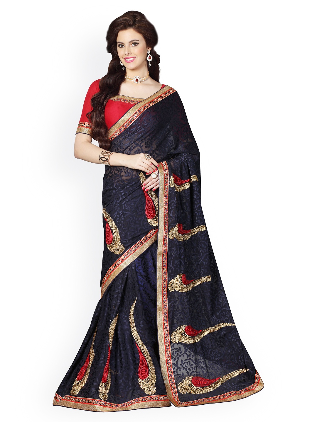 

Kalista Dark Blue Embroidered Brasso Partywear Saree
