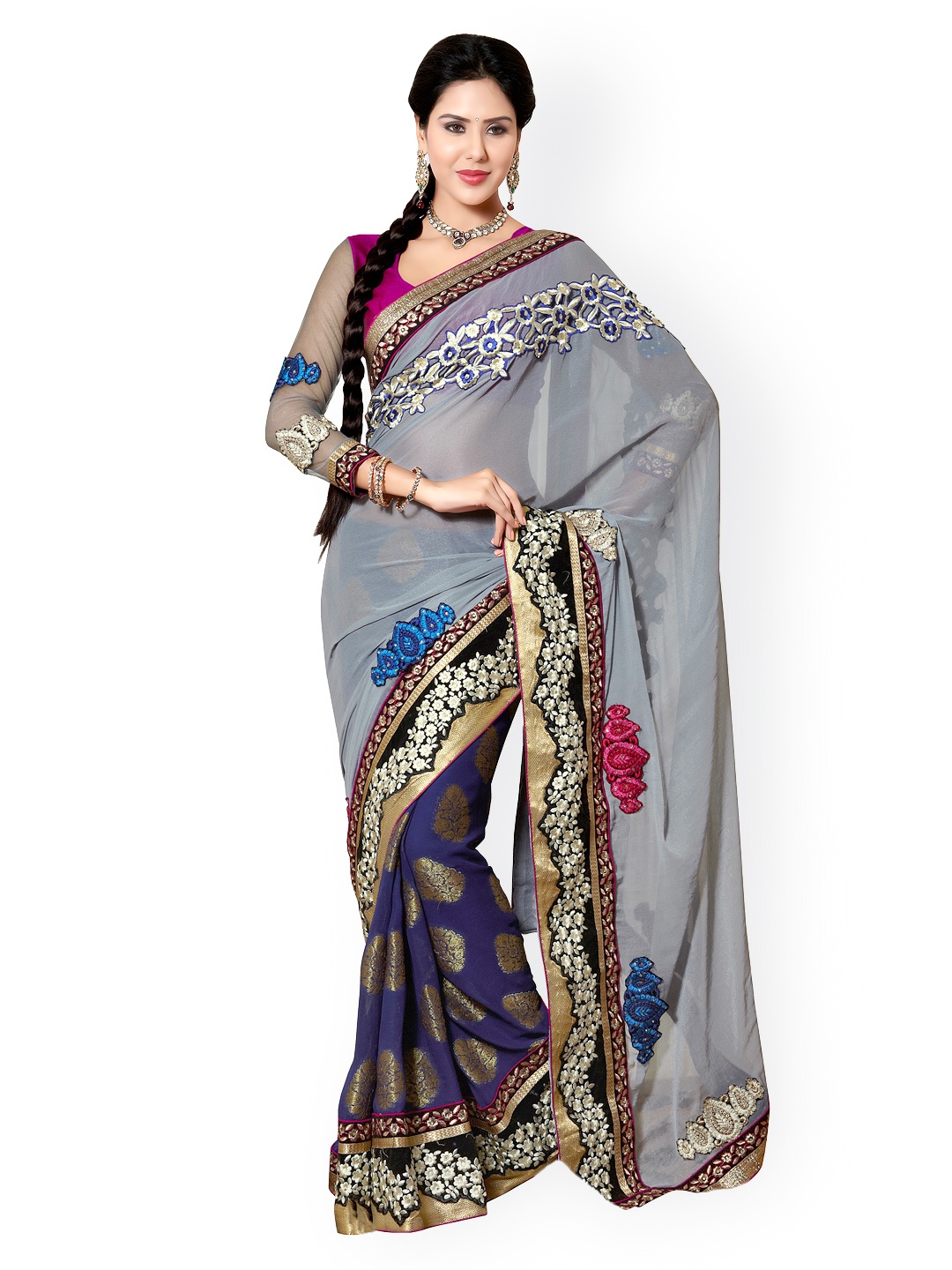 

Kalista Blue & Grey Embroidered Viscose & Chiffon Partywear Saree