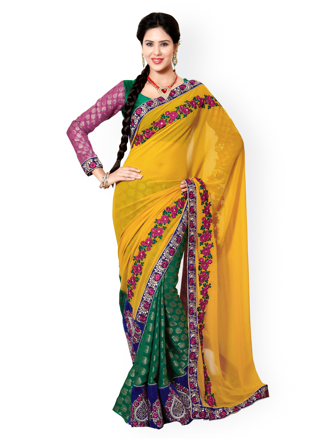 

Kalista Yellow & Green Embroidered Georgette & Viscose Partywear Saree